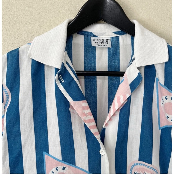 Vintage 90s Retro Russ Petites Size 8 Beach Striped Button Down Shirt Blouse - Picture 7 of 7